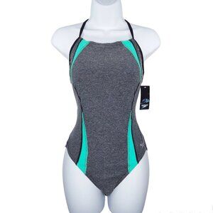Speedo Pro LT Swimsuit One Piece Size 10/36 Heathered Gray Aqua NWT
